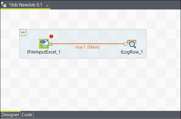 Similarly, right click tLogRow and draw a Main line on tFileOutputExcel. Now, your components are connected.