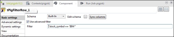 In tPigFilterRow, select the “Use advanced filter” option and put “stock_symbol = = ‘IBM’” in the Filter option.