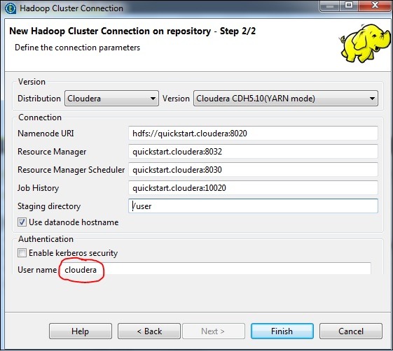cloudera in the username and click Finish