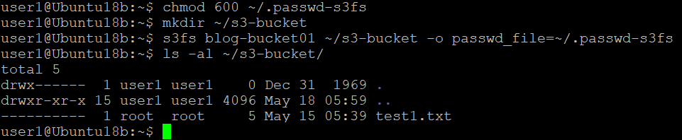 The bucket has been mounted as a network disk in Linux and contents can be viewed in the console