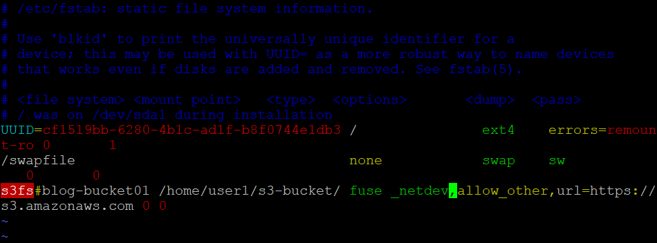 Editing etc fstab to mount an S3 bucket automatically on Linux boot