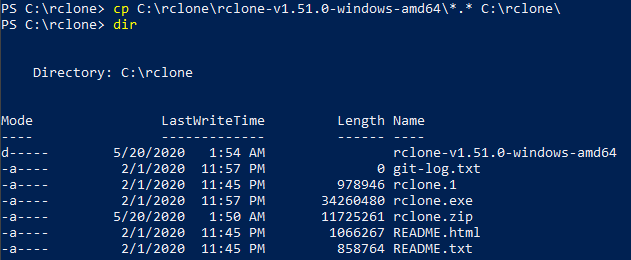 Rclone is extracted in Windows