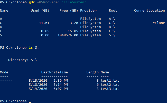 The Amazon S3 cloud storage is mounted with rclone in Windows