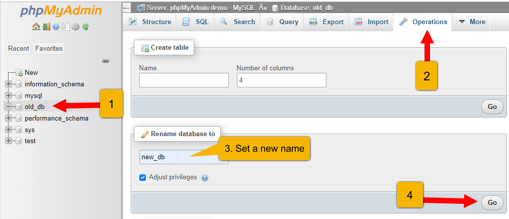 rename database in phpMyadmin