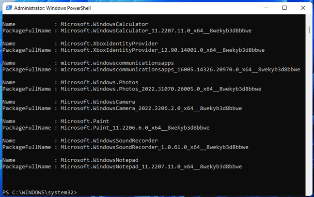 PowerShell outputs the list of Windows apps