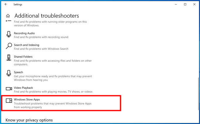 The Windows Store Apps troubleshooter in Windows 10